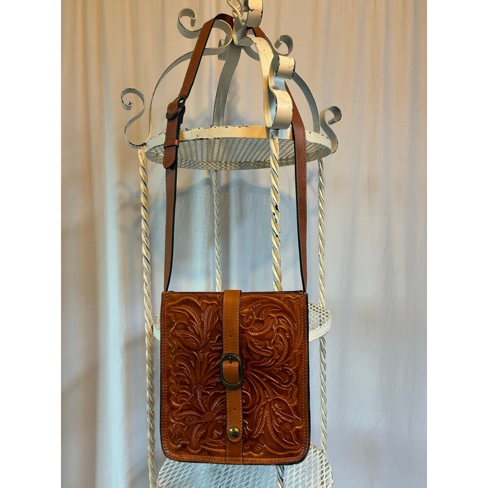 Patricia Nash Bag Brown Leather Floral Burnished Tooled Venezia Crossbody - Picture 2 of 15